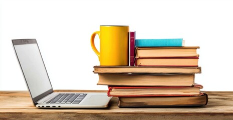 Fototapeta premium A Cozy Study Setup Featuring a Stack of Colorful Books, a Yellow Coffee Mug, and a Modern Laptop on a Wooden Table, Perfect for Productivity and Learning