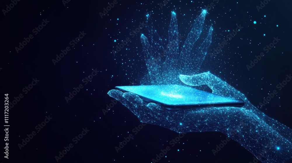 Poster digital interaction hands engaging with technology virtual space visual art futuristic concept