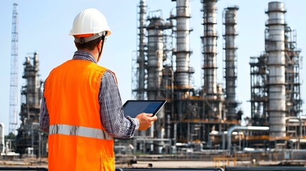Engineer using tablet at oil refinery.  Inspecting plant. Industrial site.