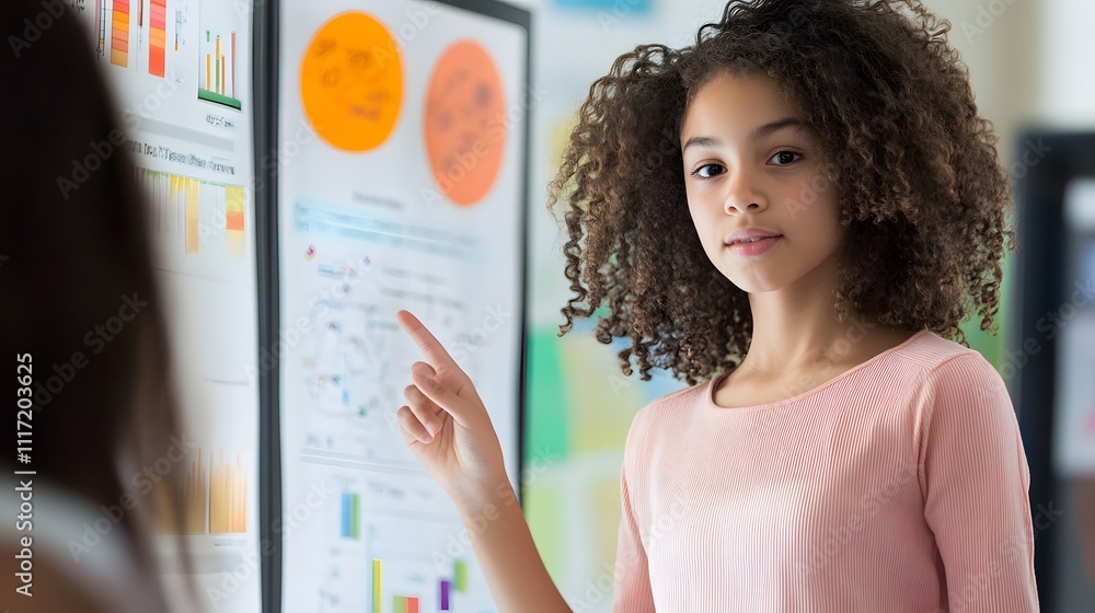 Poster a dynamic capture of a middle school student standing by a large poster board during a science fair 