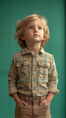 A young boy with blond curly hair looks upward against a teal background.