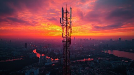 Telecommunication tower silhouetted against a vibrant sunset over a sprawling cityscape.