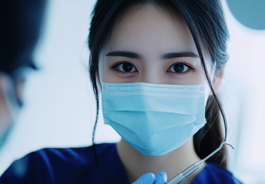 A focused healthcare professional wearing a surgical mask and gloves, preparing for dental examination with a dental instrument in hand, emphasizing dental care and patient interaction - Powered by Adobe