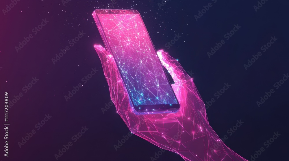 Poster digital interaction smartphone in hand abstract background graphic design futuristic environment clo