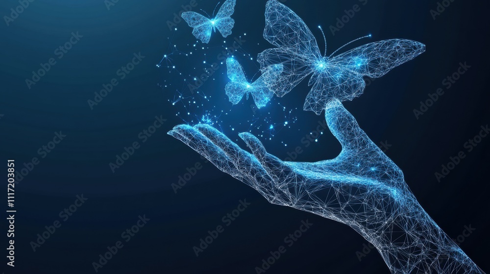 Poster digital transformation captivating butterflies in hand abstract art dark background enigmatic concep
