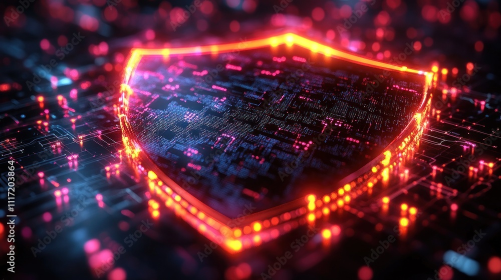 Poster glowing digital shield on circuit board, symbolizing cybersecurity and data protection.