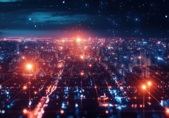 Obraz premium A Futuristic Urban Landscape at Night with Glowing Lights and Starry Sky over a Vast City, Representing Technology, Connectivity, and Innovation in Modern Architecture