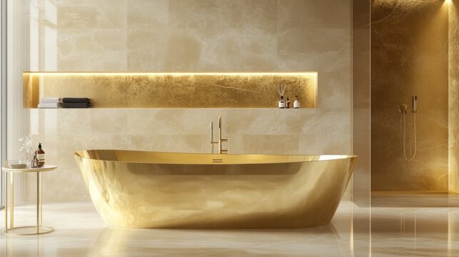 Luxurious gold bathtub in a modern marble bathroom with gold accents.