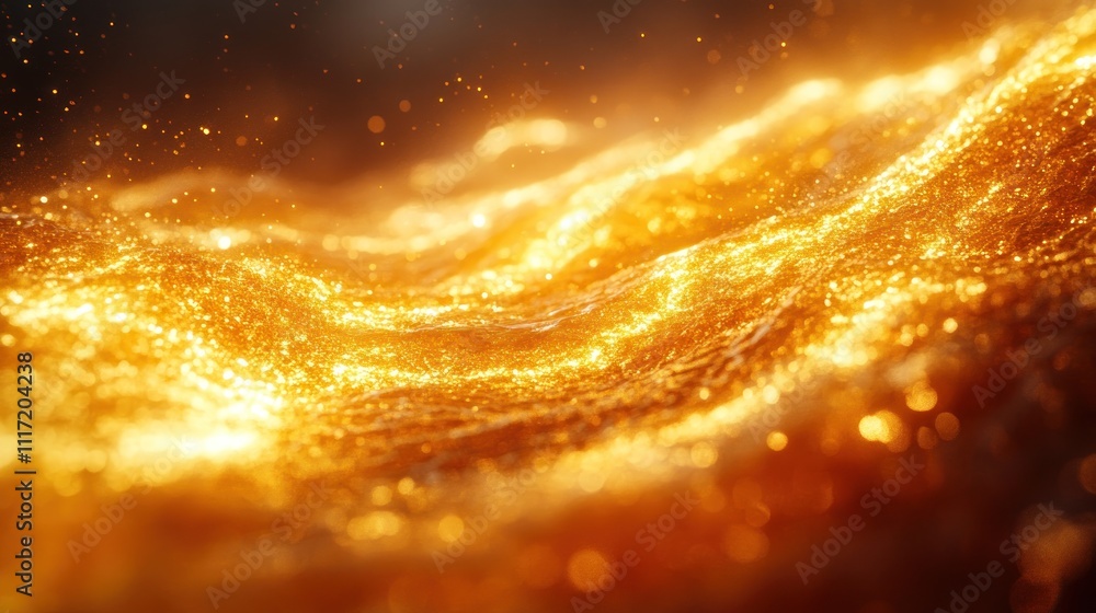 Poster abstract golden wave background with glowing particles.