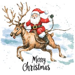 Santa Riding a Reindeer Watercolor Illustration with Merry Christmas Text