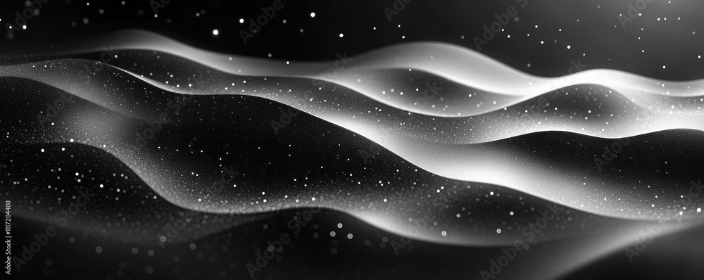 Poster abstract grayscale waves with sparkling particles on a black background.