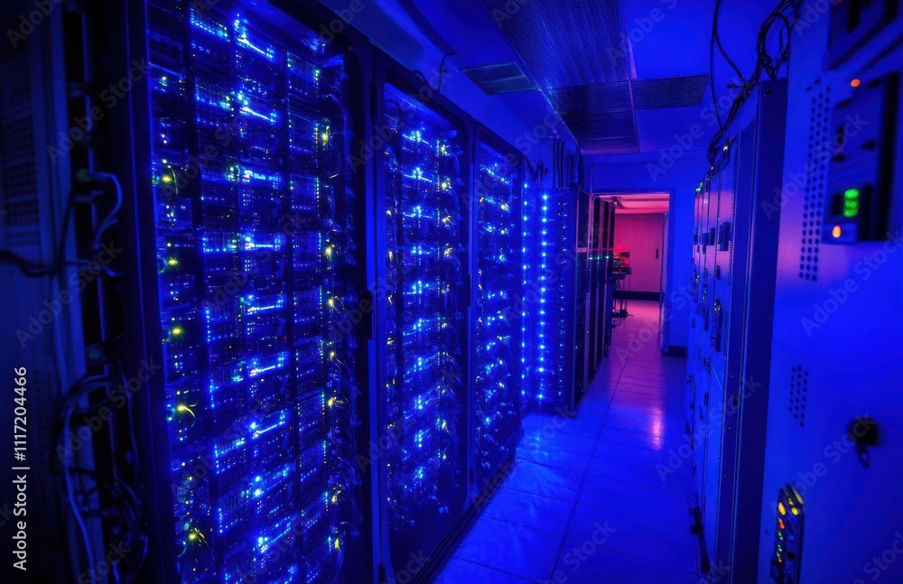 Poster a high-tech server room with glowing blue lights illuminating rows of data storage equipment in a mo