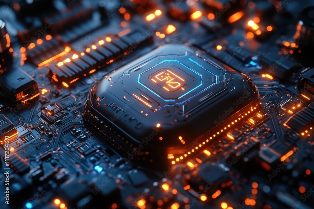 Aufkleber close-up of a futuristic processor with glowing circuits on a motherboard.