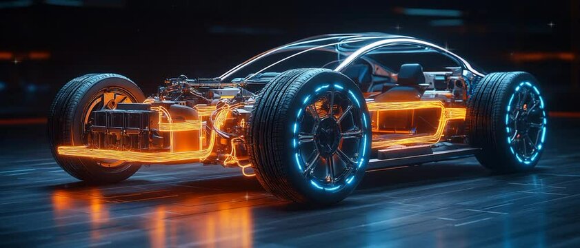 Futuristic car design is illuminated, internal components and innovative technology in a captivating display of engineering excellence