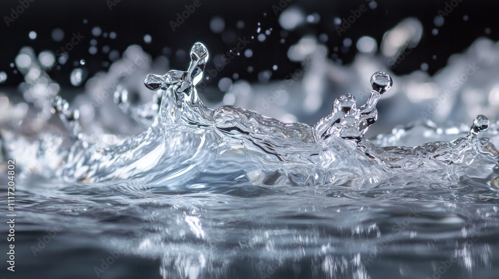 Poster close-up of water splashing, creating dynamic wave patterns and droplets against a dark background.
