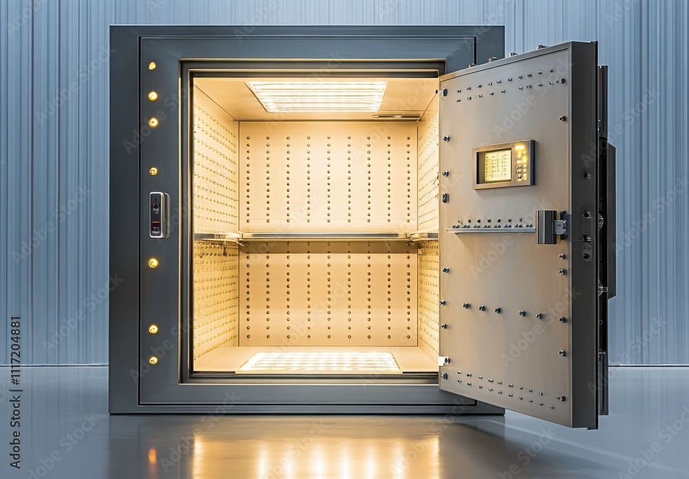 Poster a modern open safe with bright interior and led lights highlighting the empty space for secure stora