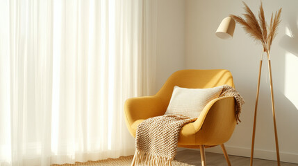 A cozy yellow armchair adorned with soft blanket and pillow, bathed in warm sunlight, creates serene atmosphere in bright room. elegant decor enhances inviting space