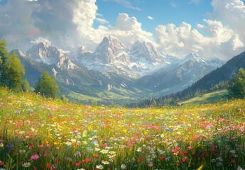 Fototapeta premium A Lush Meadow of Wildflowers in the Foreground with Majestic Snow-Capped Mountains and a Blue Sky Filled with Fluffy Clouds in a Breathtaking Landscape Scene