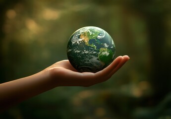 A Person's Hand Holding a Small Globe Representing Earth Against a Softly Lit Forest Background, Symbolizing Environmental Awareness and Care for the Planet