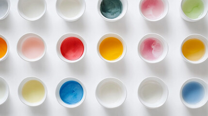 Colorful Liquids in White Bowls  Top View