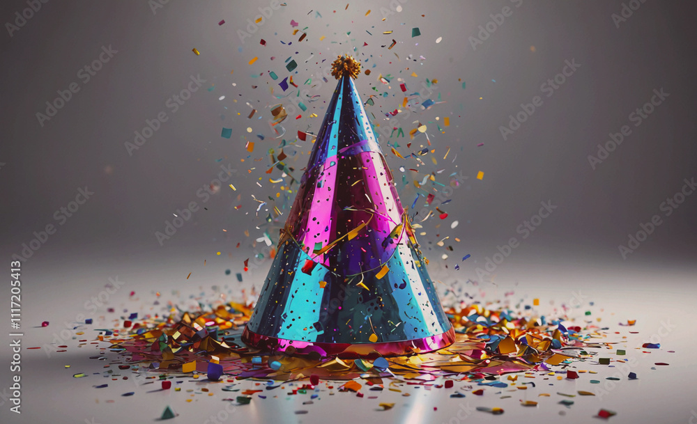 Aufkleber a colorful party hat is on a table with confetti all around it. concept of celebration and fun