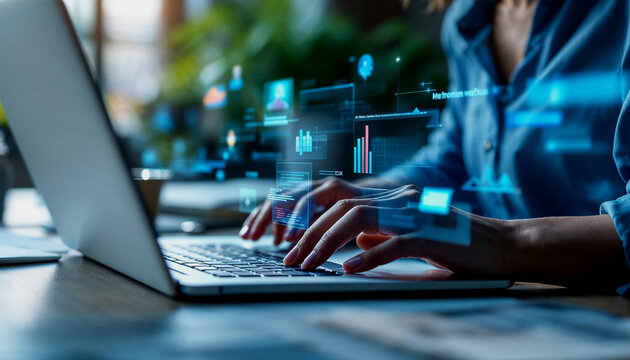 hands wearing a blue shirt interacting with a laptop and various digital icons and interfaces, suggesting the use of technology, artificial intelligence, and data analysis