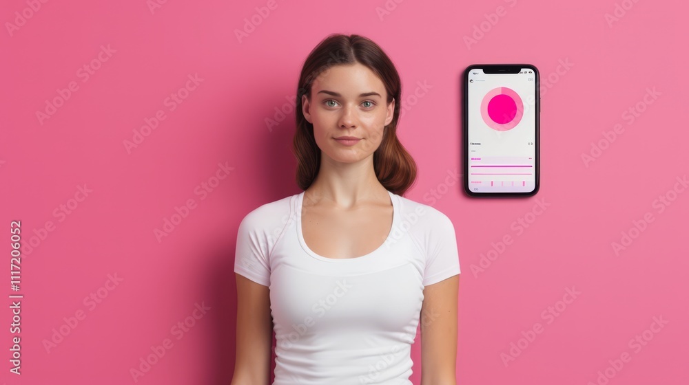 Poster young woman standing in front of a vibrant pink wall with a smartphone displaying an application int