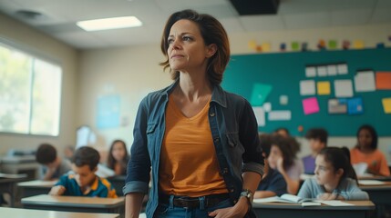 A candid image of a teacher walking around the classroom, checking students work as they write in their notebooks.