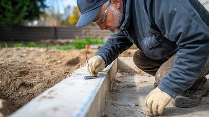 A construction worker marking measurements on a concrete foundation.