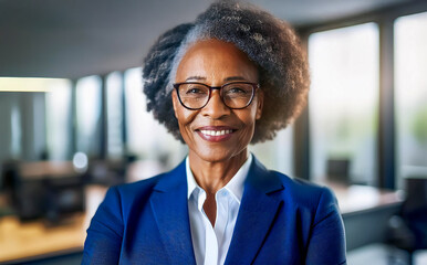 A black american woman wearing a blue suit and glasses. She is smiling
