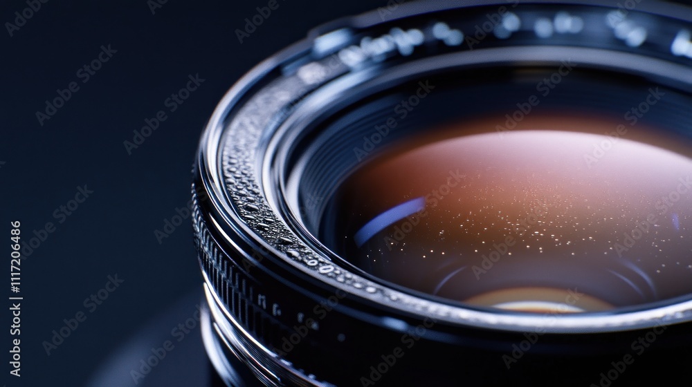 Poster close-up of a camera lens with shallow depth of field, showing intricate details and reflective surf