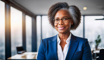 A black american woman wearing a blue suit and glasses. She is smiling