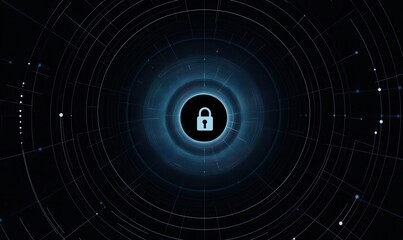 Abstract digital security concept with locked padlock symbol in the center, representing data protection, encryption technology, and cybersecurity innovations in a futuristic design