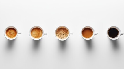 Coffee cups top view white porcelain various coffee types espresso americano cappuccino latte frothy crema