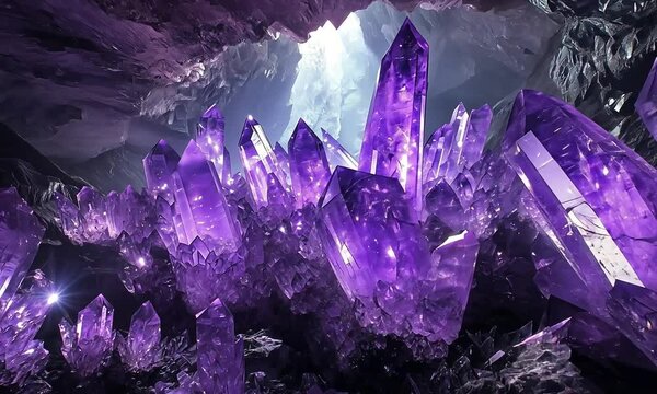 Majestic purple amethyst geode crystals illuminating a dark cave.