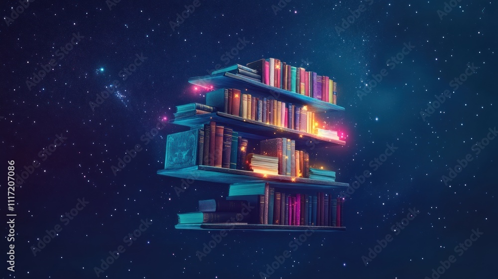 Poster floating bookshelf with glowing books in space.