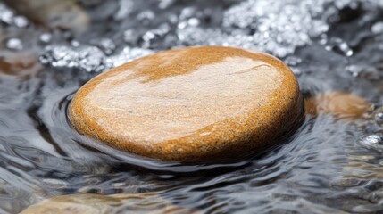 Smooth, wet river rock in flowing water. Ideal for themes of nature, tranquility, and serenity.