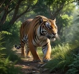 Obraz premium Tiger's agile body darting through the dense underbrush with ease and stealth , camouflage, feline, animal