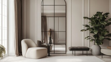 Elegant living room with arched mirror, armchair, and plant.