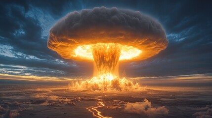 Fiery nuclear explosion mushroom cloud rising above a dark landscape at sunset.