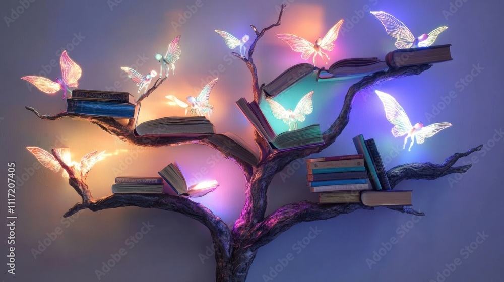 Poster illuminated tree branch bookshelf with books and glowing butterflies.