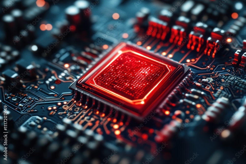 Poster close-up of illuminated central processing unit on circuit board.