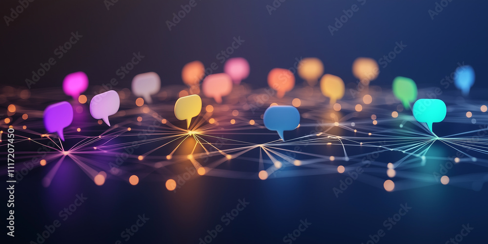 Poster a connected network of colorful speech bubbles, representing interaction, communication, and digital