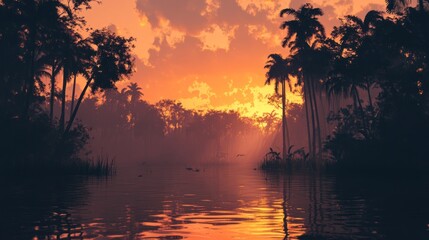 Tropical sunset over calm river, silhouetted palm trees, hazy atmosphere.