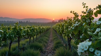 Fototapeta premium The soft colors of sunrise cast a serene atmosphere on a vineyard with blooming flowers, vineyard, light, colors