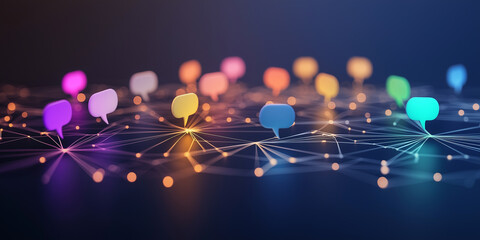 A connected network of colorful speech bubbles, representing interaction, communication, and digital connectivity in an abstract style