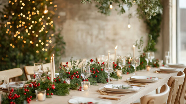 A beautifully arranged Christmas dining table adorned with greenery, candles, and festive decorations creates warm and inviting atmosphere for holiday gatherings
