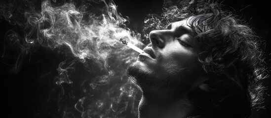 Man exhales smoke in black and white.