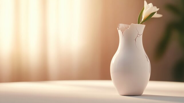 Fragile porcelain vase on white table,symbolizing vulnerability and fragility in life and relationships