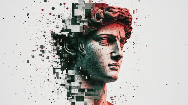 Digital art of a classical statue bust, partially dissolving into pixels and splatters.